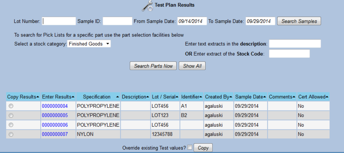 QA copy test results