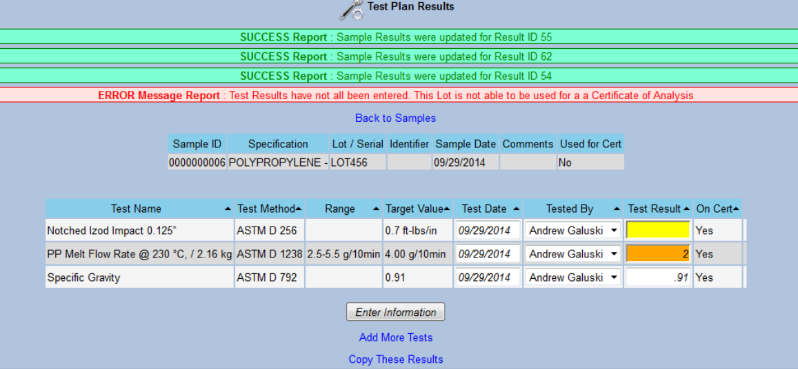 QA log sample results