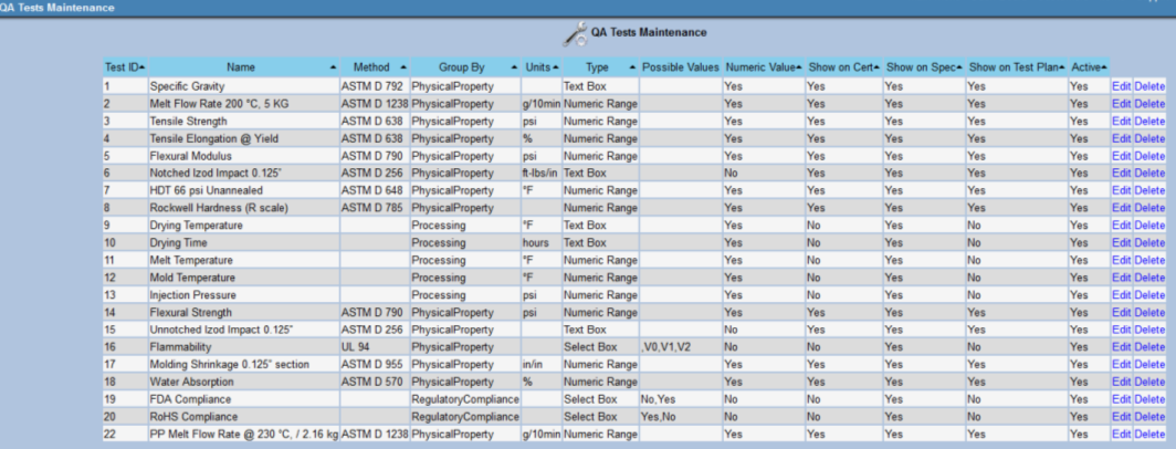 QA Tests screen